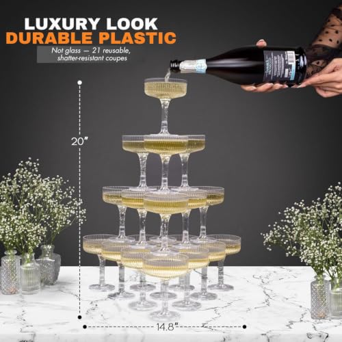 21-Piece Plastic Champagne Coupe Set for Stackable Tower Displays