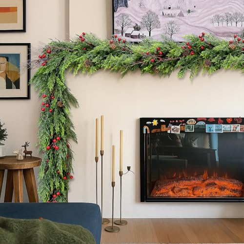 ENVEN 6FT Lush Cedar Christmas Garland with Red Berries & Pine Cones – Indoor/Outdoor Faux Greenery