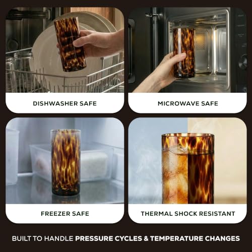 Joseph Sedgh Collection Tortoise Shell Highball Glass Set of 4 14.5 oz | Borosilicate Cocktail & Water Glasses