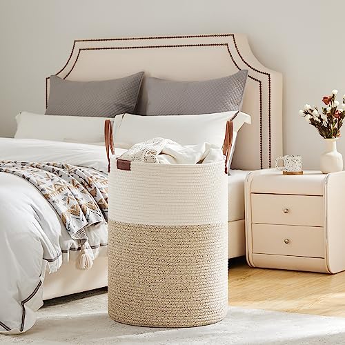 100L Tall Woven Cotton Rope Laundry Hamper with Leather Handles