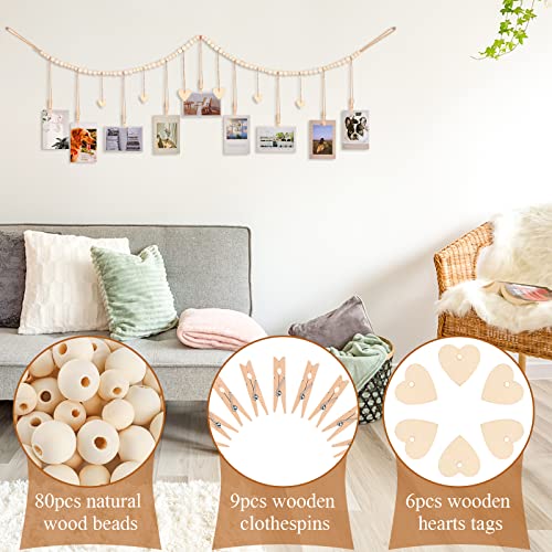 Boho Wood Bead Hanging Photo Display with 9 Clips & Heart Tags