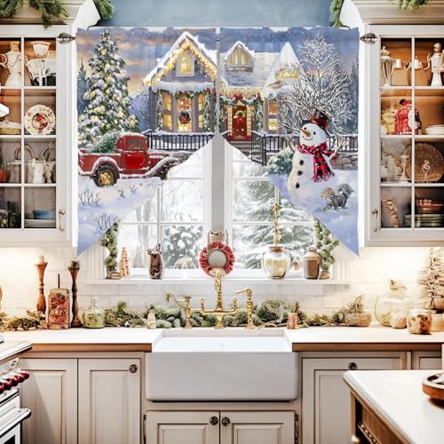 Deblaker Snowscape Christmas Burlap Swag Curtains for Windows, Red Truck & Snowman, 56"Wx36"L, Pack of 2