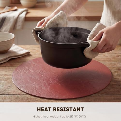 Round Faux Leather Placemat Set of 6 - 15 Inch Waterproof Reversible Table Mats - Red