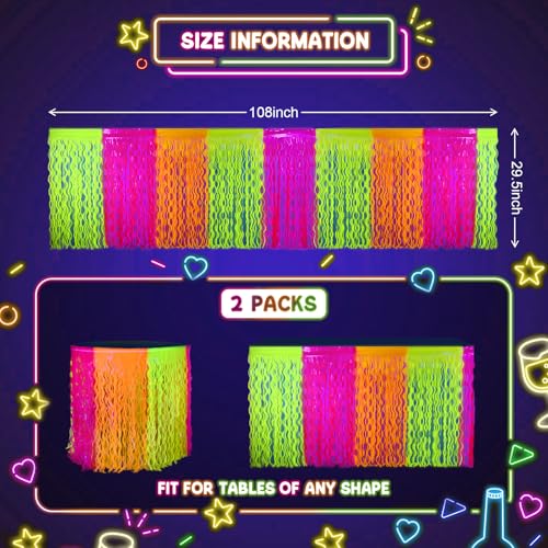 Neon Foil Fringe Table Skirts, 2 Pack Glow in the Dark Party Decorations