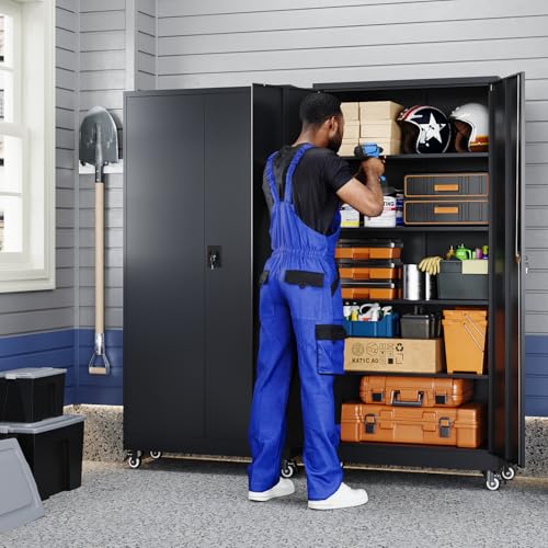 75" Rolling Metal Garage Storage Cabinet with Locking Doors & Adjustable Shelves