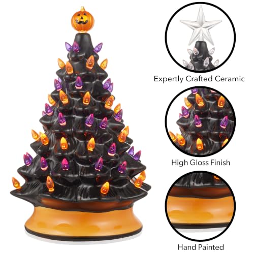 Hand-Painted Ceramic Halloween Tree - 15-Inch Pre-Lit Tabletop Decor