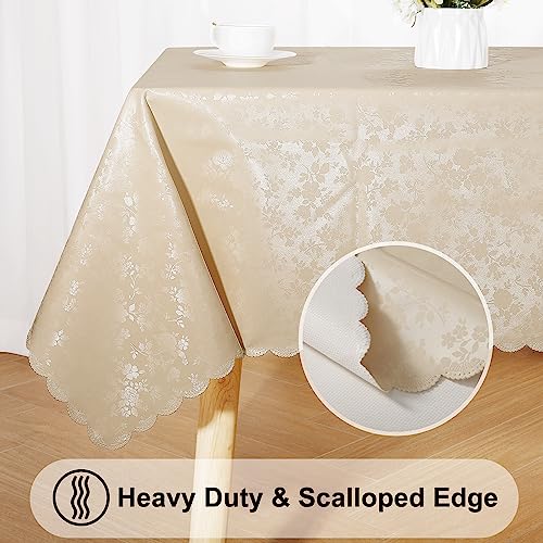 Waterproof Heavy Duty Vinyl Tablecloth, 60x84 Inch Floral Table Cover (Beige)