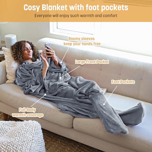 Wearable Blanket with Sleeves and Foot Pocket - Soft Fleece Throw Wrap
