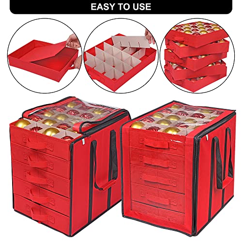 ProPik Red Christmas Ornament Storage Box with Dividers - Holds 100 Ornaments