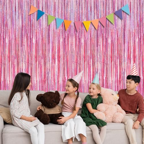 ZATAYE 2 Pack Glitter Pink Fringe Curtains Foil Tinsel Photo Backdrop