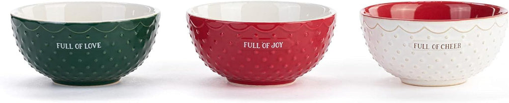 DEMDACO Full Of Cheer Red, Green, and White 7 Ounce Ceramic Christmas Baking Bowls Set of 3