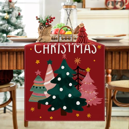 OTOSTAR Christmas Tree Red Table Runner 13x90 Inch Holiday Decor for Home & Parties
