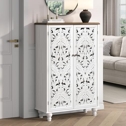 JOINICE 47-Inch Distressed White Tall Accent Cabinet with Carved Doors & Storage