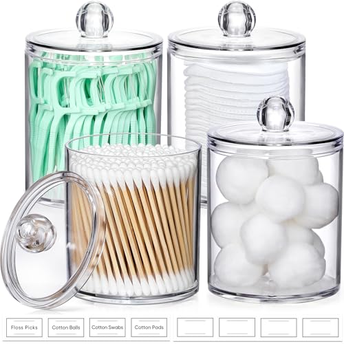AOZITA 4-Pack Acrylic Q-Tip Holder Dispenser Set with Lids and Labels