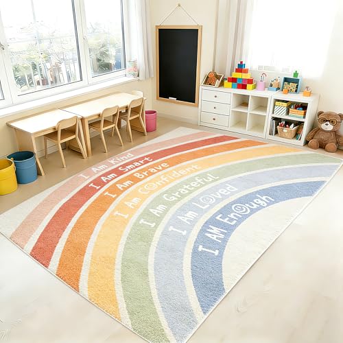 Boho Rainbow Classroom Rug, 3'x5' Motivational Area Rug for Kids Playroom