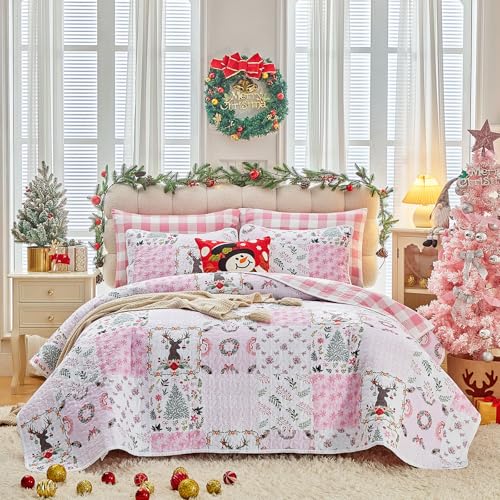 Joyreap 3-Piece Christmas Quilt Set Queen Pink Patchwork 88x88 All-Season Microfiber