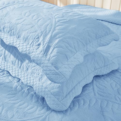 Embroidered Cotton Quilted Pillow Shams - King Size, Light Blue - 2 Pack