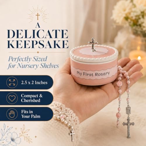 Girls First Rosary Necklace with Ceramic Keepsake Box - Pink