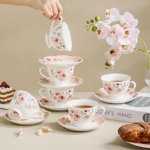 Pink Rose Floral Porcelain Tea Cup & Saucer Set of 6 - 6oz, Elegant Dinnerware