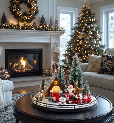 12-Piece LED Christmas Village Centerpiece Set with Rotating Oak Lazy Susan