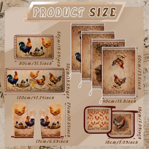 10-Piece Rustic Rooster Kitchen Decor Set: Towels, Rugs, Mitts & Holders