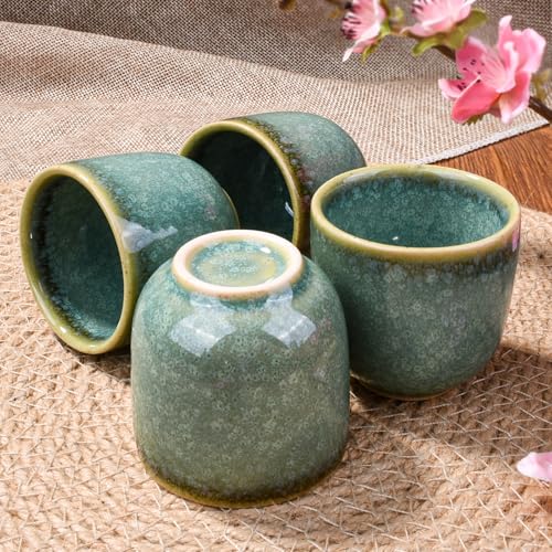 Green Porcelain Sake Cup Set of 4 - 2.04'' Ceramic Drinking Cups, BOSILI