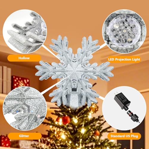 Christmas Snowflake Tree Topper with Rotating LED Projector - Silver Snowflake