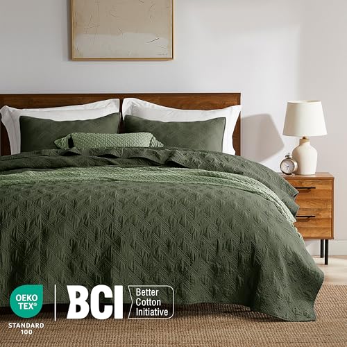 WDCOZY 100% Cotton King Size Quilt Set - Olive Green Lightweight Bedspread