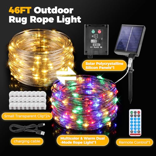46FT Solar LED Rope Light for Outdoor Rugs with Remote & Rug Clips