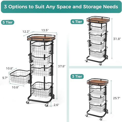 5-Tier Rotating Kitchen Storage Cart, Fruit & Vegetable Wire Rack
