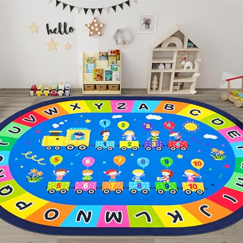 Large Oval Kids Alphabet Rug 6.5' x 10' - Educational Non-Slip Playroom Mat
