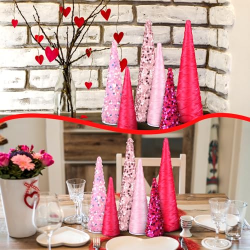 Pink Christmas Cone Trees Set of 6 - Festive Holiday Decor, 10", 8", 6"
