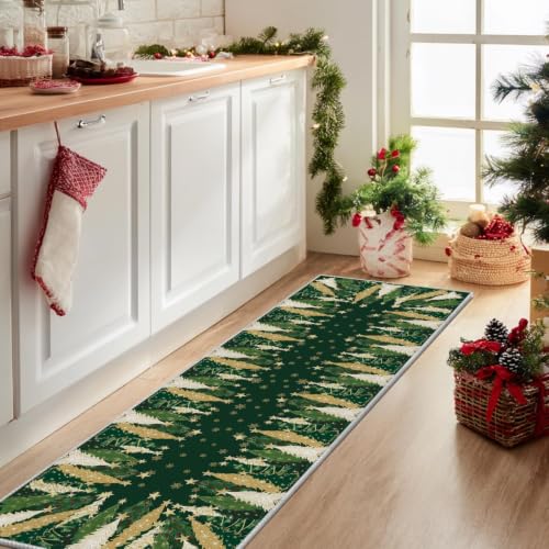 Artoid Mode 2' x 6' Green Xmas Tree Snowflake Runner Rug – Non-Slip, Washable Hallway/Bedroom Decor