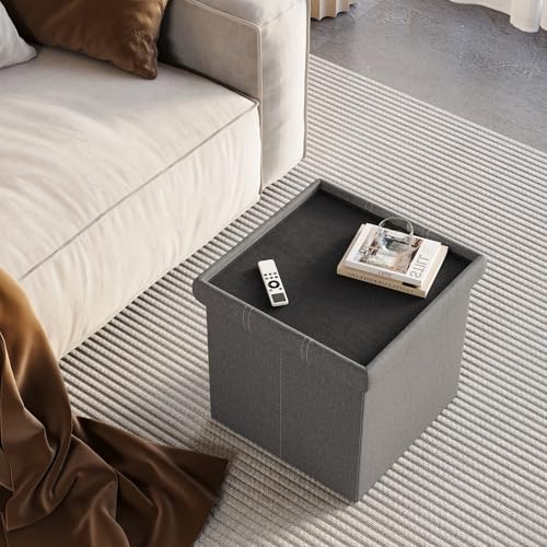 15-Inch Foldable Storage Ottoman, Linen-Look Foot Rest with Hidden Storage