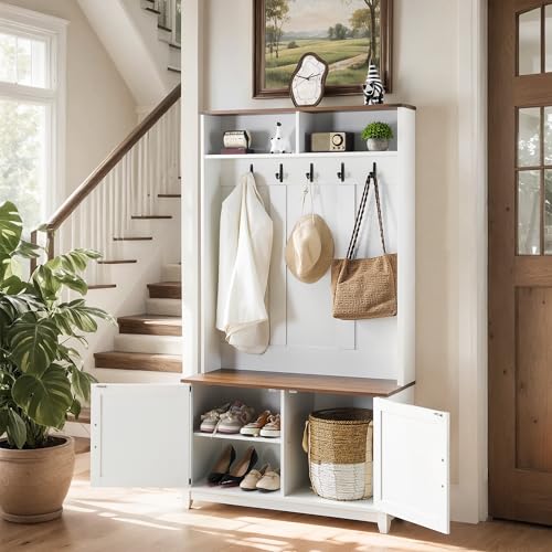 38-Inch Farmhouse Hall Tree with Bench, Shoe Storage, and Coat Rack