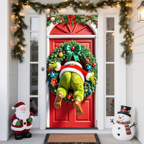 Hehegoo Red Green Christmas Door Cover Banner, 72.8x35.4 Inch Holiday Decor