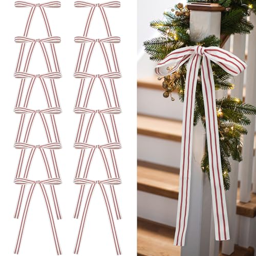 Glitinsel 12 Pcs Red White Cotton Christmas Ribbon Bows 1" Holiday Decor