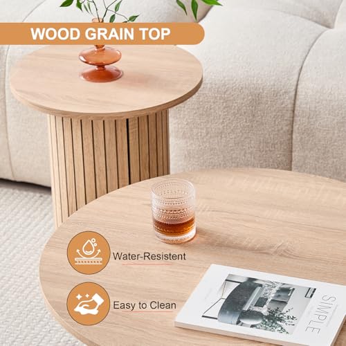Set of 2 Round Nesting Coffee Tables with Fluted Drum Base, Wood Grain