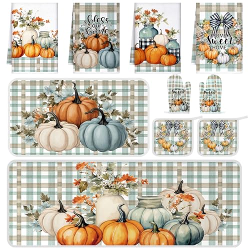 10-Piece Pumpkin Kitchen Decor Set - Autumn Dish Towels, Mats, and Oven Mitts