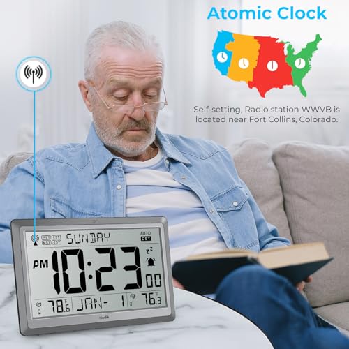 10.5-Inch Atomic Wall Clock with Indoor and Outdoor Temperature Display