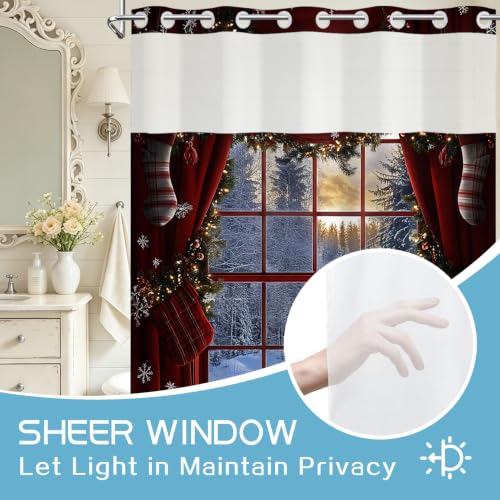 LB No Hook Red Christmas Shower Curtain with Fabric Liner Set - Rustic Holiday Decor