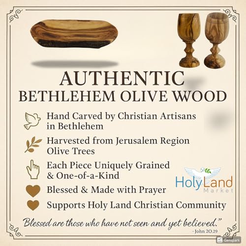 Hand-Carved Olive Wood Communion Set with Oval Bowl and 2 Goblets