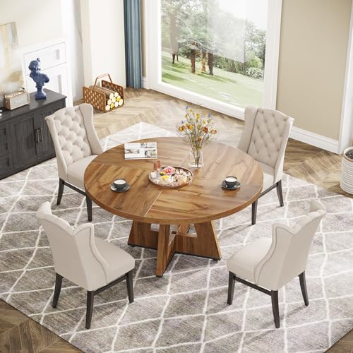 47-Inch Round Farmhouse Dining Table, Rustic Wood Dinner Table for 4