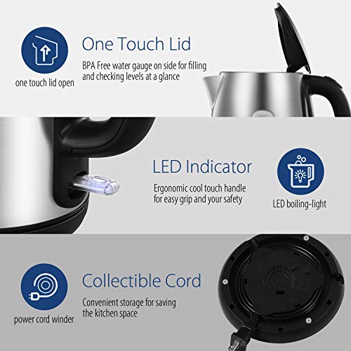 1.7L Stainless Steel Electric Kettle, 1500W Fast Boil Tea Kettle with LED