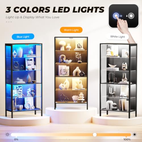 5-Tier Glass Display Cabinet with Adjustable Shelves and Motion Sensor LED