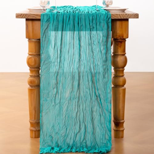 Teal Green Cheesecloth Table Runner, 35 x 120 Inch Boho Gauze Table Decor