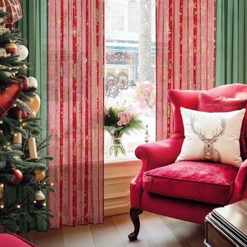 NICETOWN Christmas Window Treatment Set: 2 2984 - Dimension Green Curtains & 2 4084 - Dimension Gold - Embroidered Curtains, Perfect for Festive Season