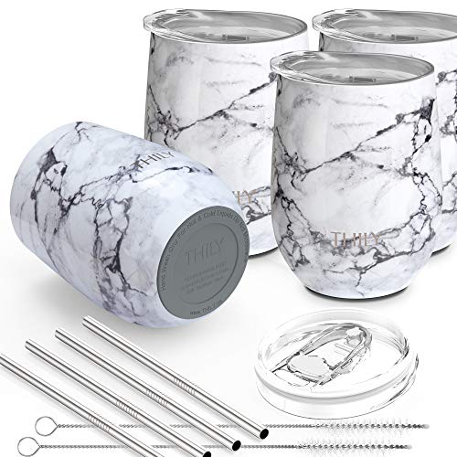 THILY 12oz Stainless Steel Stemless Wine Tumblers 4 Pack White Marble — Vacuum Insulated, Sliding Lids & Straws