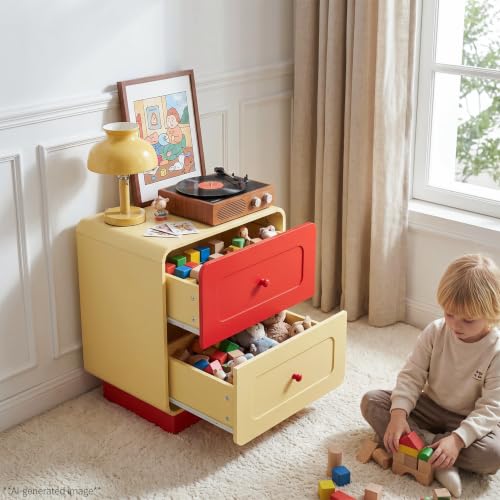 2-Drawer Kids Nightstand with Curved Edges, Red and Yellow Wooden Bedside Table