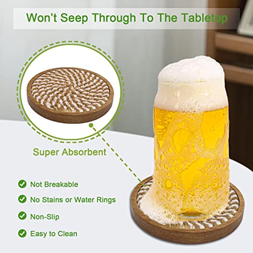 Eykao 5 Pack Woven Wooden Drink Coasters - Absorbent, 4.3-inch, Farmhouse Brown & White Variation